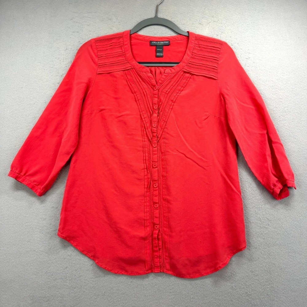 A Pea in the Pod Maternity Blouse Top Womens Small Red Silk Pintuck Pleats Front